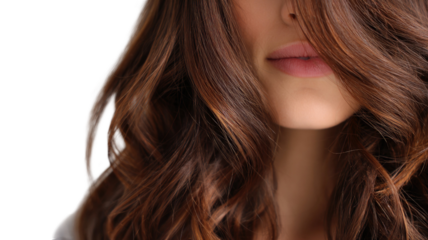 Beautiful woman lips and flowing brown hair closeup feminine beauty portrait natural makeup soft light isolated on white background