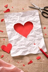Red heart cut out from a crumpled white paper on a wooden table. Creative DIY process for Valentine's Day with scissors, red pencil, and paper scraps. Romantic handmade card concept or love confession