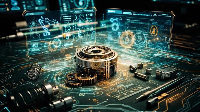 Mechanical gear component on high tech workbench with glowing holographic augmented reality schematics and security data interface floating in air