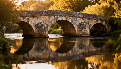 Fototapeta premium Ancient Stone Bridge over Calm River at Golden Hour
