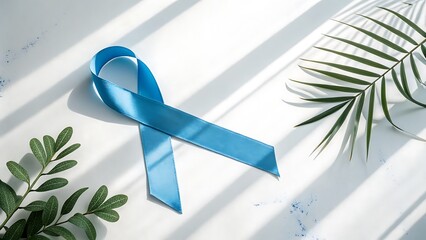 High-key World Cancer Day flat lay with blue awareness ribbon