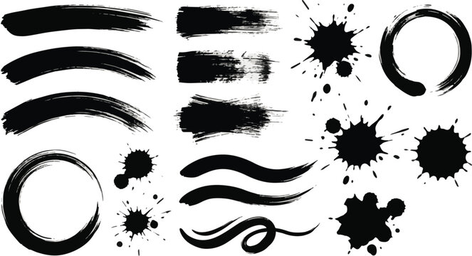 Chinese Ink Brush Strokes Vector Set. Black calligraphy texture, dry brush, and ink splatters isolated on white