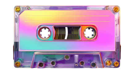 Colorful transparent cassette tape retro audio music storage plastic shell vibrant gradient vintage technology isolated on white background