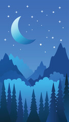 Fototapeta premium Night Forest and Mountains Under Starry Sky with Crescent Moon