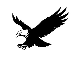Obraz premium A black and white illustration of an eagle in flight with its wings spread wide.