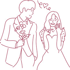 Minimalist wedding line art illustration of a romantic couple celebrating their engagement. The bride happily shows her ring while the groom holds a bouquet of flowers. Simple elegant outline style, p