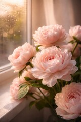 Bouquet of fresh pink peonies with water drops on petals, placed on a windowsill in the soft morning sunlight. Blurry window with condensation in the background, creating a cozy and romantic spring at