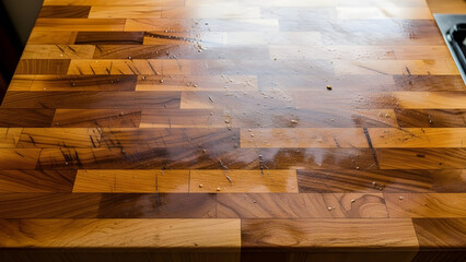 Scratched wooden cutting board with water drops on surface