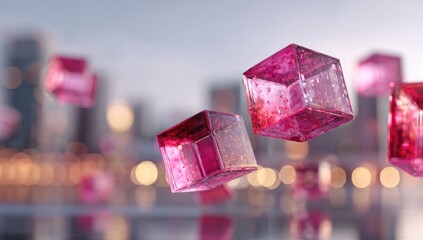 Pink translucent floating cubes with gold flecks. City skyline background. Shallow depth of field. Bokeh lights