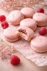 Delicious pink macarons with creamy filling and berry jam, decorated with pink sugar crystals. French macarons served with fresh ripe raspberries and delicate gypsophila flowers on crumpled parchment 