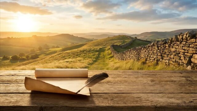 A vintage quill pen rests on an antique parchment scroll unrolled across a weathered wooden table, suggesting themes of ancient writing and profound storytelling. The backdrop reveals a magnificent, s