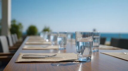A long outdoor dining table is set with glasses of water and cutlery overlooking the ocean under a clear blue sky