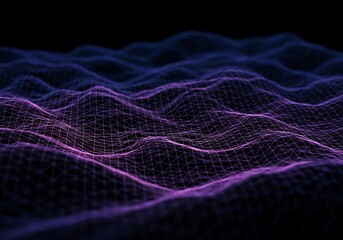 Abstract dark digital grid surface strongly distorted by a rippling wave effect, suggesting errors or visual anomalies, mysterious, 3D, glitch