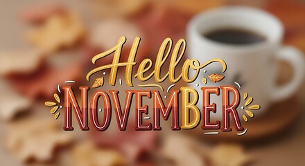 Hello november greeting with coffee cup and autumn leaves composition