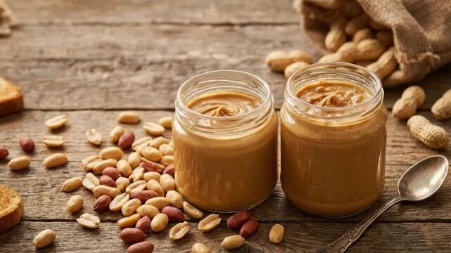 A visually appealing, rustic scene showcasing two glass jars brimming with smooth, creamy peanut butter. Fresh, raw peanuts, both shelled and unshelled, are artfully scattered across a weathered woode