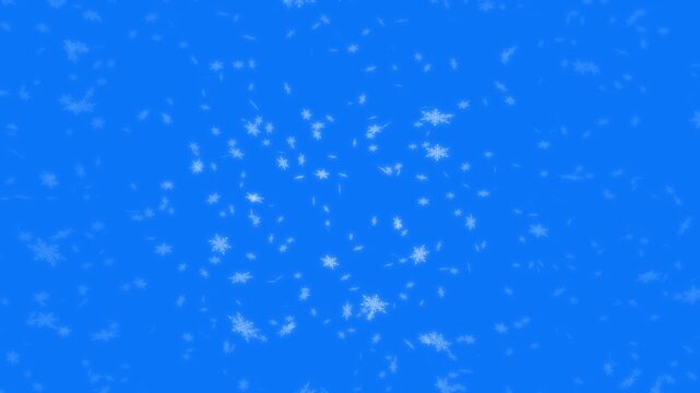 White snowflakes being lit up and falling down on blue background. Abstract background for Merry Christmas, Happy Holidays, Season's greetings, Happy Valentine's day and winter season.