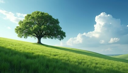 Fototapeta premium Solitary deciduous tree stands on green grassy hill beneath bright blue sky with fluffy white clouds. Gentle sunlight casts shadows across rolling terrain. Nature scene offers peace, tranquility.
