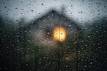 Raindrops and condensation on a window pane with a blurry silhouette of a house and a warm glowing light in the background. Moody and cozy atmosphere of a rainy evening, symbolizing home comfort, lone