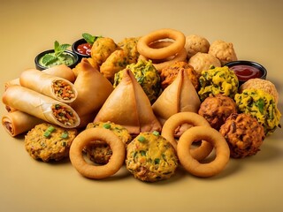 Assortment of Indian snacks, golden fried appetizers, ready for sharing