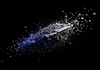 Abstract digital plane shattering into small geometric shards, dissolving into a dark void. Represents collapse and missing information, disintegration, negative space, broken