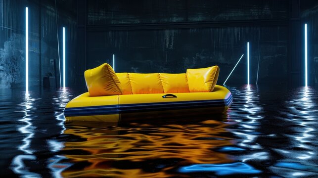 Bright Yellow Inflatable Couch Floating in Water Amidst Neon Lights in Dark Setting