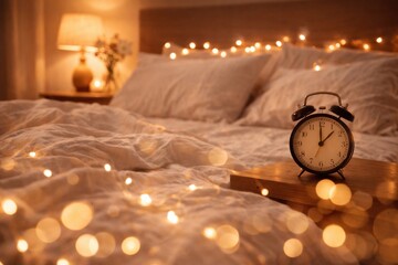 Vintage black alarm clock on a wooden bedside table in a cozy bedroom decorated with warm golden fairy lights. Soft white linen bedding and a blurry warm lamp in the background. Concept for morning ro