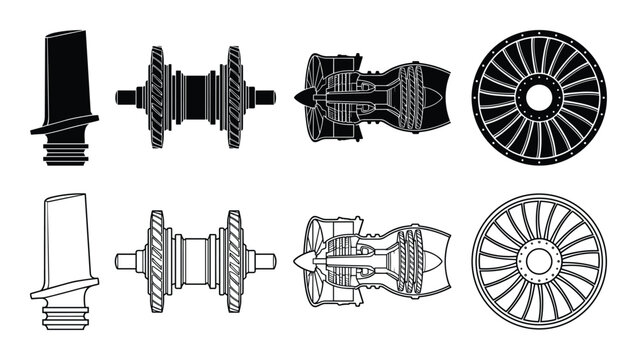 Vector illustration of jet engine components, including turbine blade, rotor, engine schematic and turbine wheel.