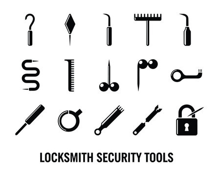 Vector illustration of locksmith security tools collection. Picklocks and opening devices in black silhouette style.