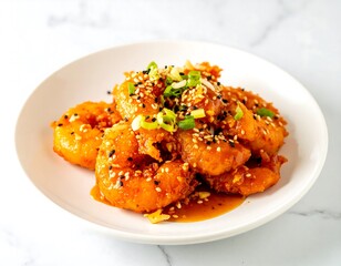 Delicious spicy Korean fried shrimp dish with sesame seeds and green onions