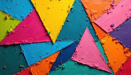 Bright abstract background with stacked triangles in vivid colors. Textured surfaces create depth, visual interest. Geometric pattern offers dynamic, modern appeal for diverse designs, creative
