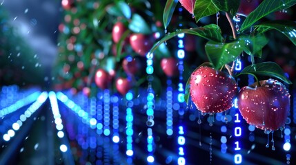 Digital Transformation Illustrating Apples with Binary Code Rain in Futuristic Garden Environment