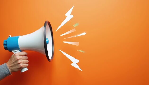 Person holds blue and white megaphone. Sound waves emanate from device on orange background. Announces sale, promotion or news. Great for ads.