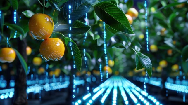 Digital Orchard with Oranges and Binary Code Representation of Technology and Nature Interconnection - Powered by Adobe