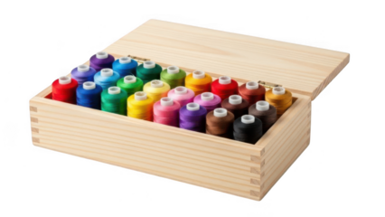 Wooden box with colorful threads isolated on transparent background