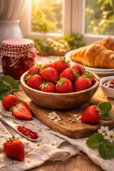 Close-up of a wooden bowl filled with ripe red strawberries on a rustic wooden board. In the background, blurred croissants, a jar of jam, and warm morning sunlight through the window. Perfect summer 