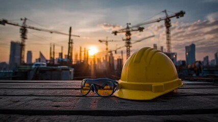 Construction site with hard hat and safety glasses at sunset.