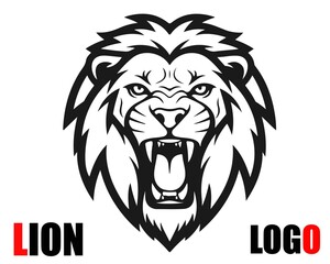 A fierce lion logo with an open mouth and sharp teeth on a white background