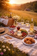 Romantic summer picnic on a checkered blanket in a wildflower meadow at sunset. A wicker basket with bread, white wine in glasses, gourmet cheese board with grapes and strawberries, croissants, and ol