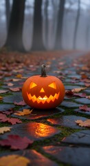 Lit jack o lantern on leafy pathway surrounded by foggy forest