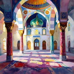 Empty Mosque Interior in Soft Watercolor Style