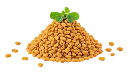 Pile of fenugreek seeds with leaves isolated on transparent background