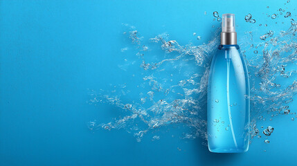 Blue spray bottle with water splash