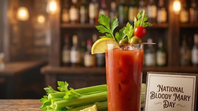 This vibrant close-up captures a refreshing tomato-based cocktail, expertly garnished with a bright lemon wedge, fresh celery leaves, two green olives, and a cherry tomato on a skewer. Ice cubes are v