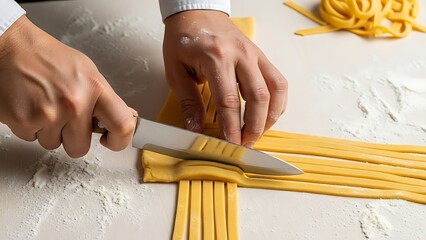 Cutting fresh pasta dough with a sharp knife for authentic italian cooking