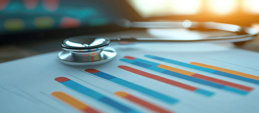 Close Up Of A Stethoscope Resting On A Multicolored Health Data Chart With Bar Graphs And Line Plots - Powered by Adobe