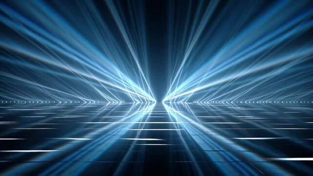 Futuristic tunnel with blue light rays and speed lines.