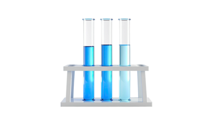 Three test tubes in a rack, filled with blue liquid