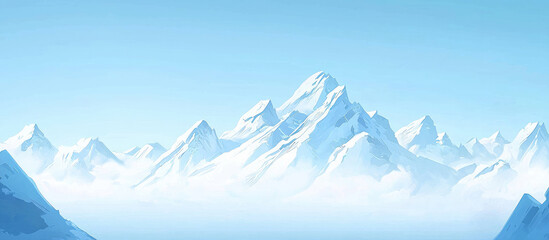 Snow-Capped Mountain Range Shrouded In Mist At Sunrise Over A Serene Frozen Blue Landscape With Ethereal Light