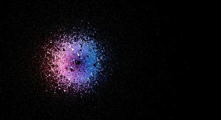 Abstract dark digital background showing geometric order dissolving into widespread, scattered particles and chaotic noise, representing universal disorder, concept, complexity, scattering