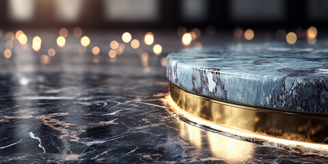 Close-up of marble and gold platform with bokeh lights